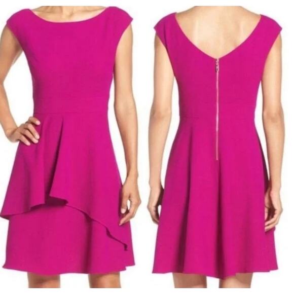 Eliza J Ruffled Fit & Flare Cocktail Dress Mini Cap Sleeve Magenta Pink 10P - Picture 1 of 9
